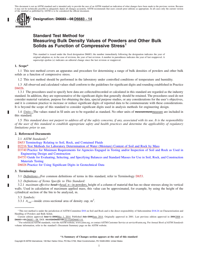 REDLINE ASTM D6683-14 - Standard Test Method for Measuring Bulk Density Values of Powders and Other Bulk Solids  as Function of Compressive Stress