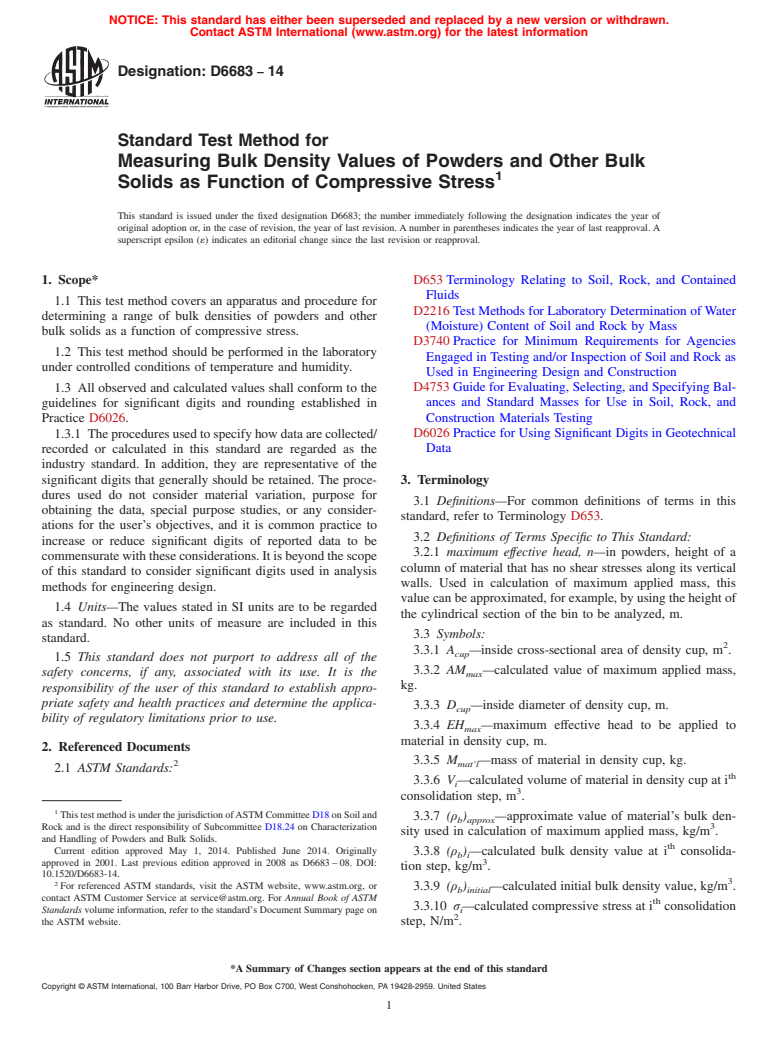 ASTM D6683-14 - Standard Test Method for Measuring Bulk Density Values of Powders and Other Bulk Solids  as Function of Compressive Stress