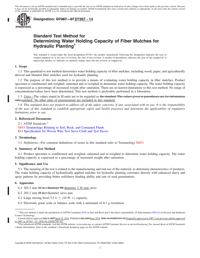 REDLINE ASTM D7367-14 - Standard Test Method for  Determining Water Holding Capacity of Fiber Mulches for Hydraulic  Planting