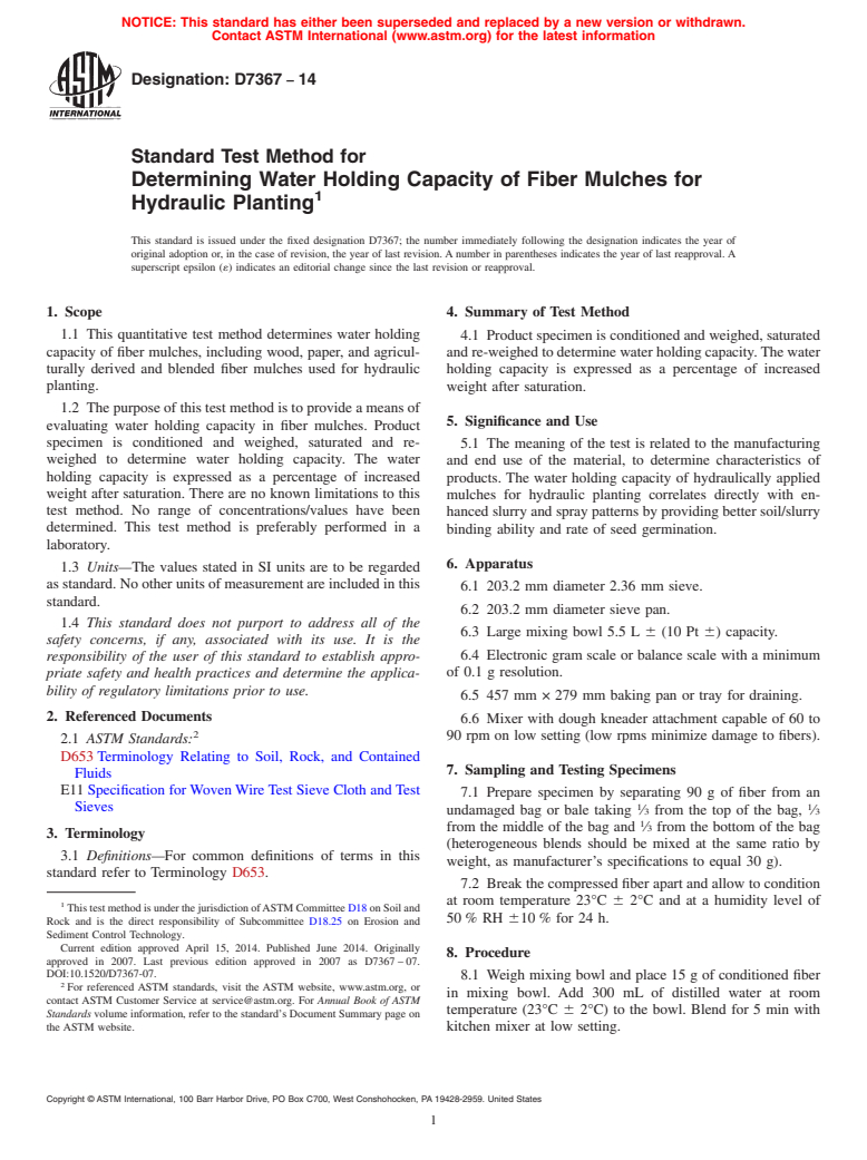 ASTM D7367-14 - Standard Test Method for  Determining Water Holding Capacity of Fiber Mulches for Hydraulic  Planting