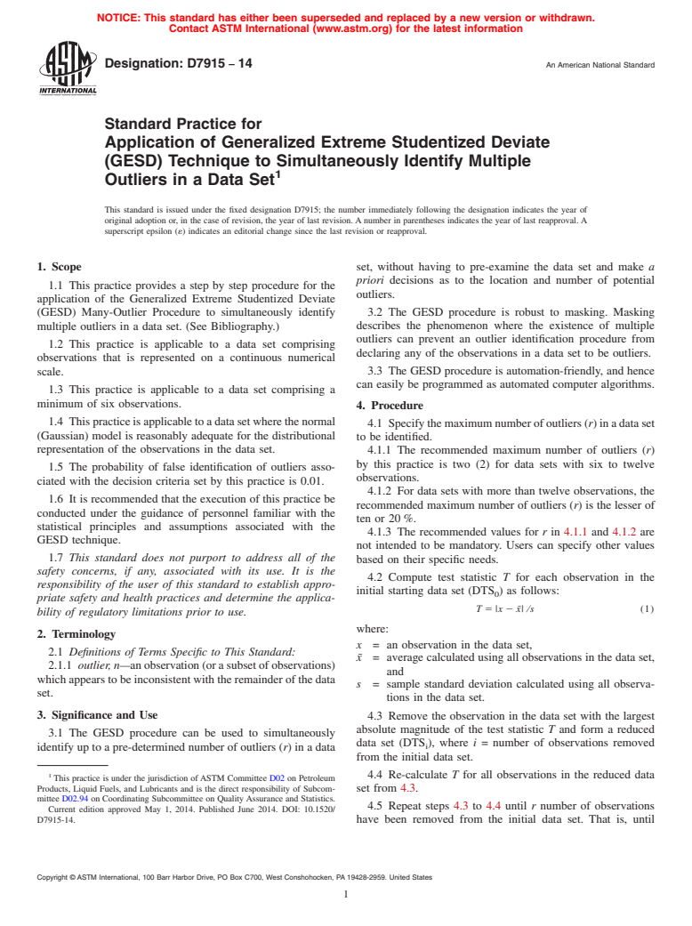 ASTM D7915-14 - Standard Practice for Application of Generalized Extreme Studentized Deviate &#40;GESD&#41;  Technique to Simultaneously Identify Multiple Outliers in a Data Set