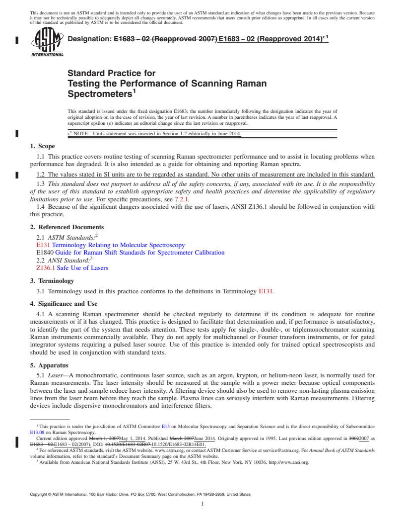 REDLINE ASTM E1683-02(2014)e1 - Standard Practice for Testing the Performance of Scanning Raman Spectrometers