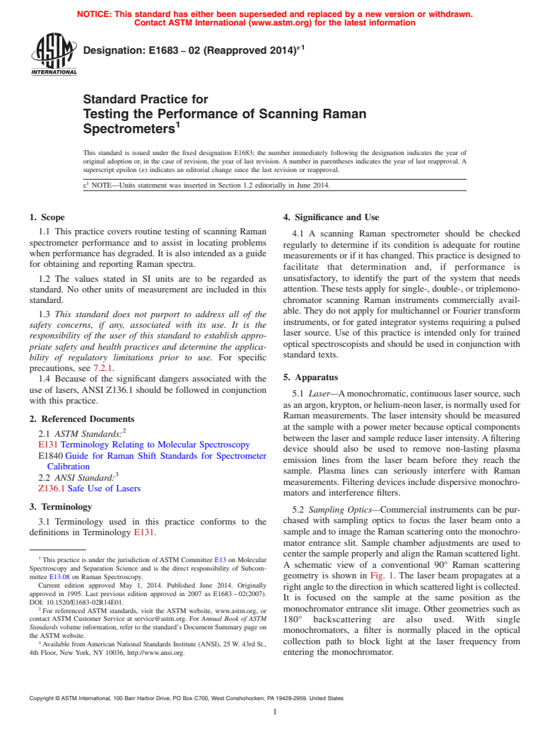 ASTM E1683-02(2014)e1 - Standard Practice for Testing the Performance of Scanning Raman Spectrometers