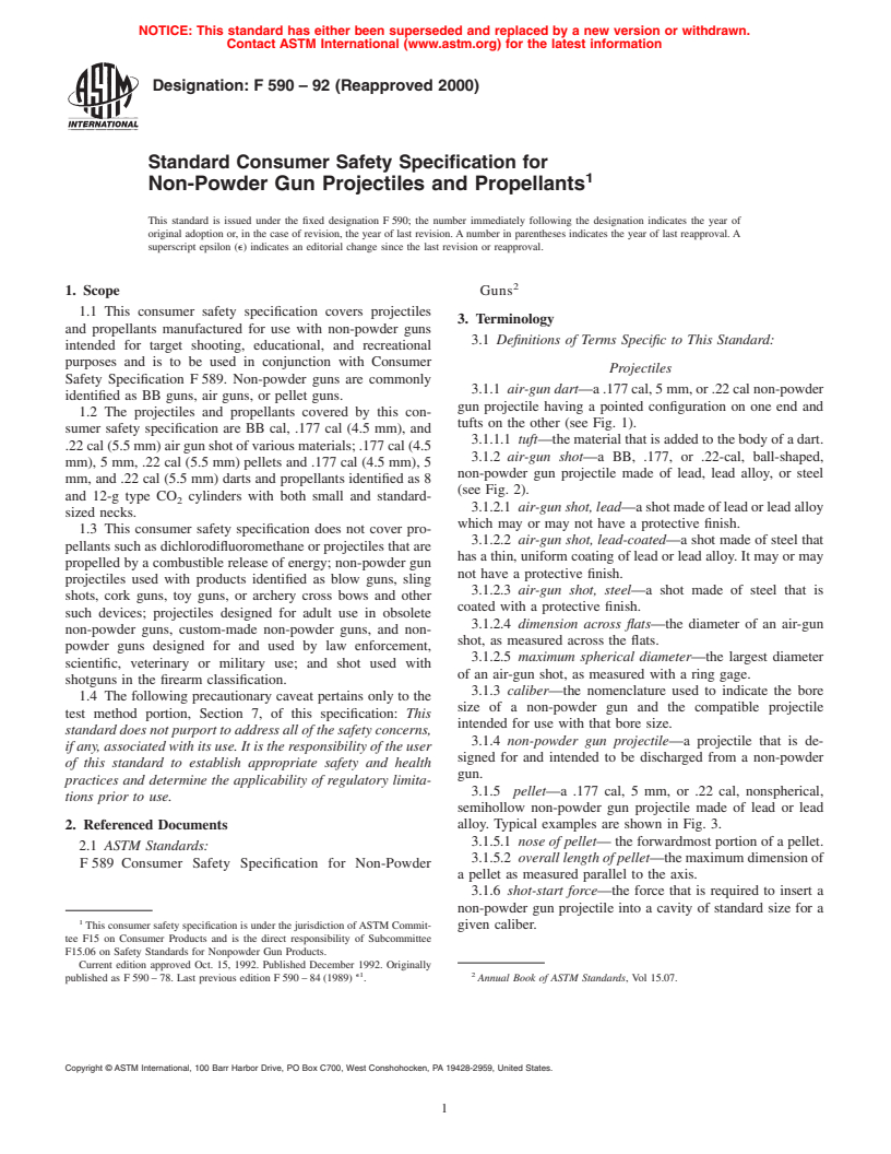 ASTM F590-92(2000) - Consumer Safety Specification for Non-Powder Gun Projectiles and Propellants