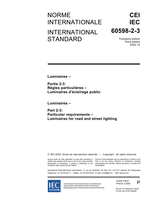 IEC 60598-2-3:2002 - Luminaires - Part 2-3: Particular requirements - Luminaires for road and street lighting