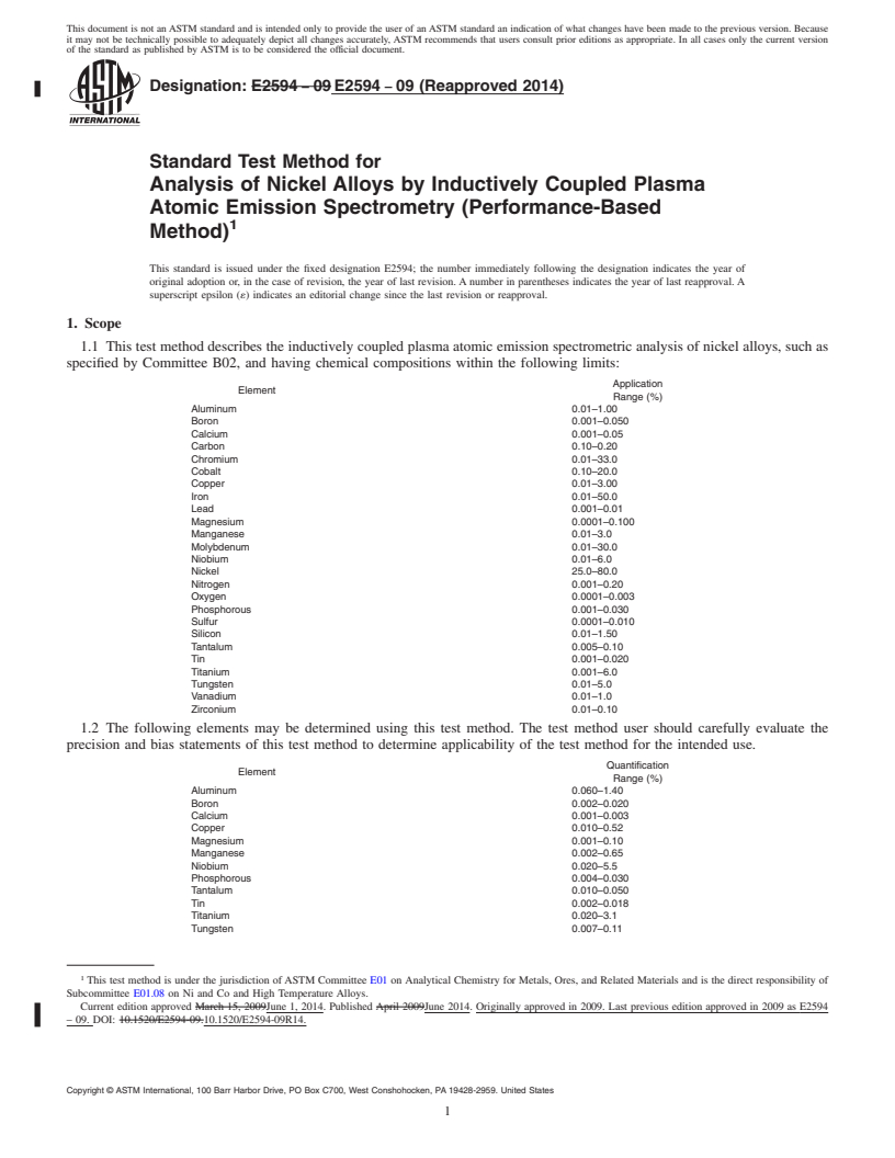 REDLINE ASTM E2594-09(2014) - Standard Test Method for Analysis of Nickel Alloys by Inductively Coupled Plasma Atomic  Emission Spectrometry &#40;Performance-Based Method&#41;