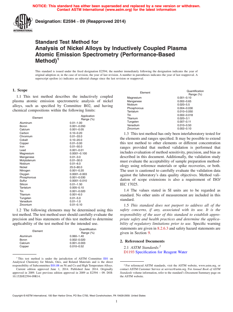 ASTM E2594-09(2014) - Standard Test Method for Analysis of Nickel Alloys by Inductively Coupled Plasma Atomic  Emission Spectrometry &#40;Performance-Based Method&#41;