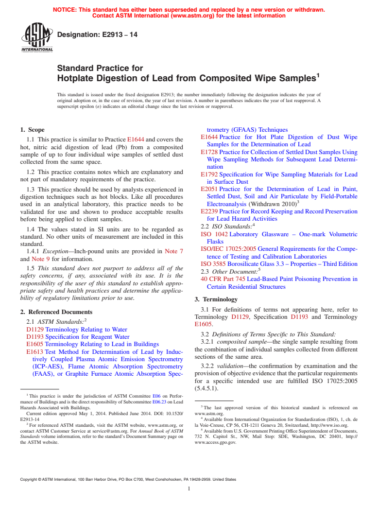 ASTM E2913-14 - Standard Practice for Hotplate Digestion of Lead from Composited Wipe Samples