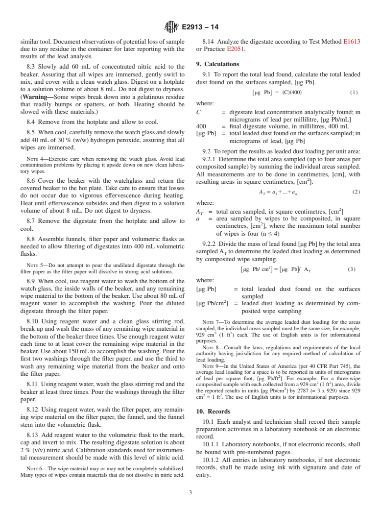 ASTM E2913-14 - Standard Practice for Hotplate Digestion of Lead from Composited Wipe Samples