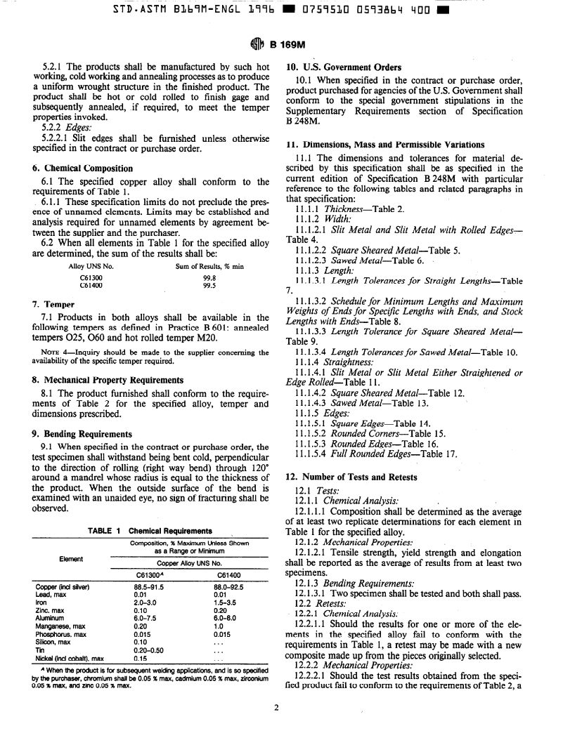 ASTM B169M-96 - Standard Specification for Aluminum Bronze Sheet, Strip, and Rolled Bar [Metric] (Withdrawn 2001)