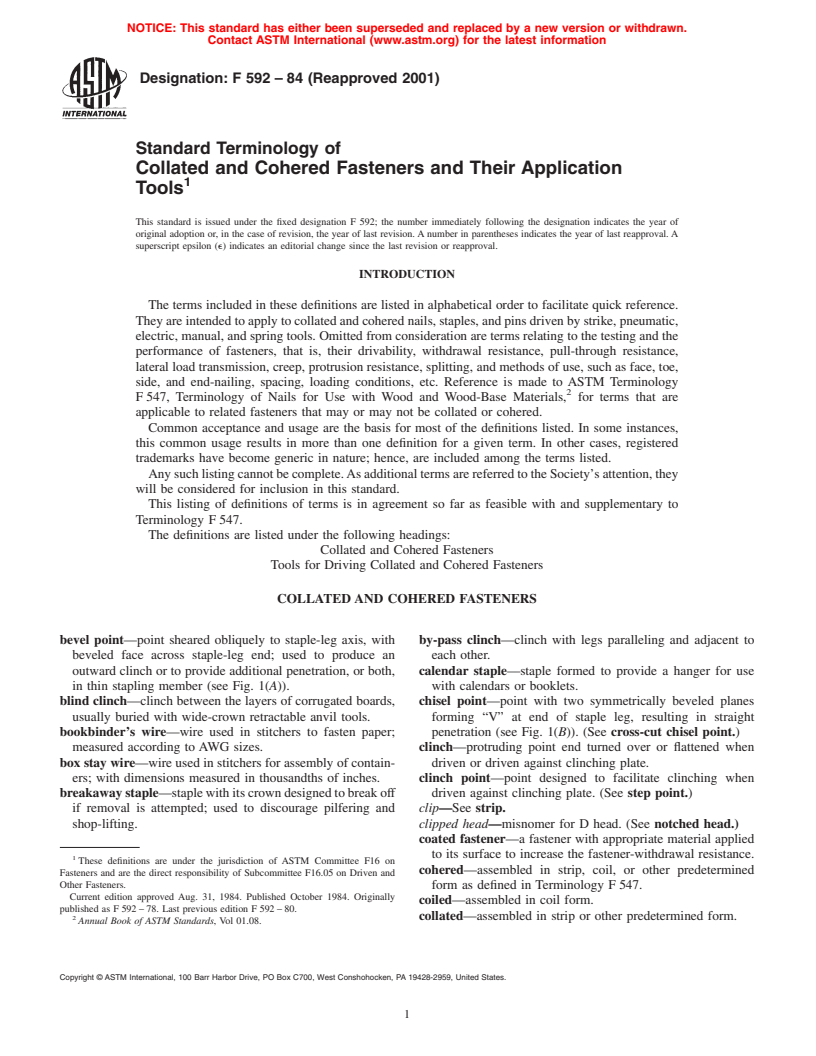 ASTM F592-84(2001) - Standard Terminology of Collated and Cohered Fasteners and Their Application Tools