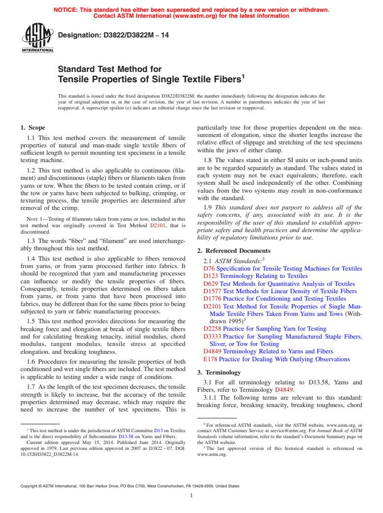 ASTM D3822/D3822M-14 - Standard Test Method for Tensile Properties of Single Textile Fibers