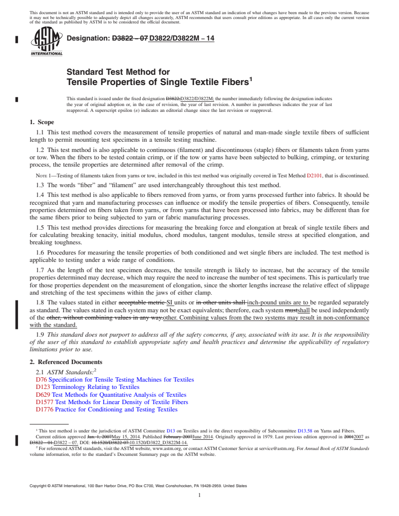 REDLINE ASTM D3822/D3822M-14 - Standard Test Method for Tensile Properties of Single Textile Fibers