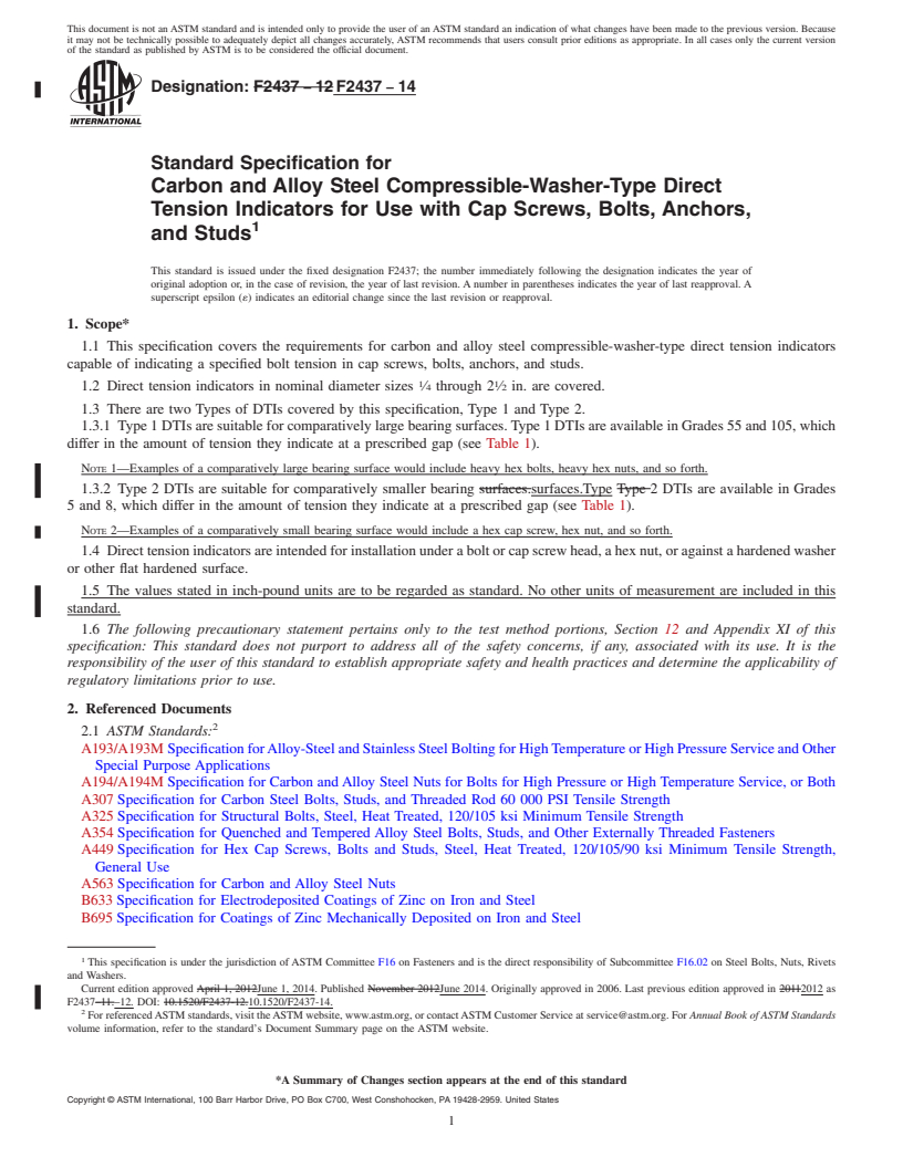 REDLINE ASTM F2437-14 - Standard Specification for  Carbon and Alloy Steel Compressible-Washer-Type Direct Tension  Indicators  for Use with Cap Screws, Bolts, Anchors, and Studs