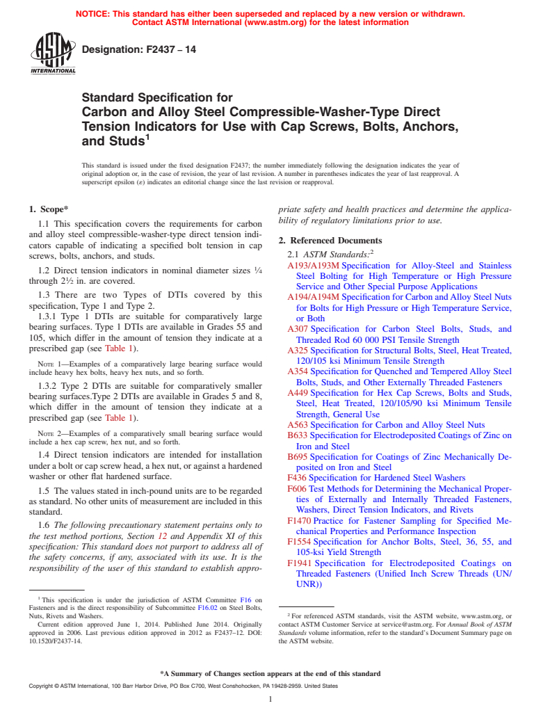 ASTM F2437-14 - Standard Specification for  Carbon and Alloy Steel Compressible-Washer-Type Direct Tension  Indicators  for Use with Cap Screws, Bolts, Anchors, and Studs