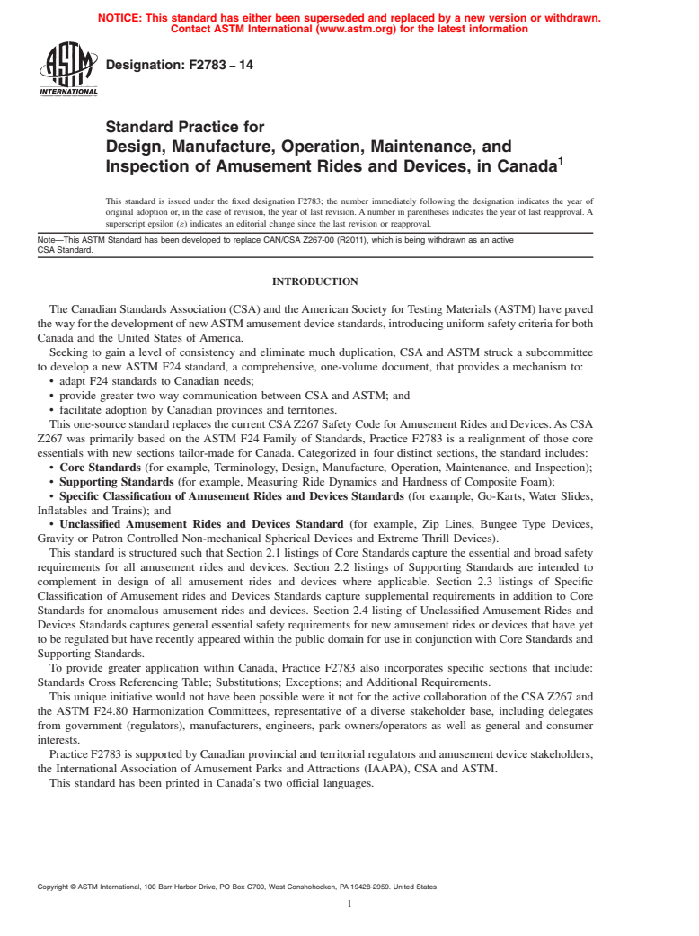 ASTM F2783-14 - Standard Practice for Design, Manufacture, Operation, Maintenance, and Inspection  of Amusement Rides and Devices, in Canada