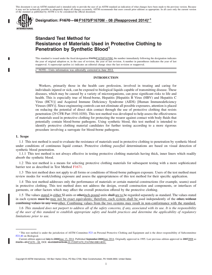 REDLINE ASTM F1670/F1670M-08(2014)e1 - Standard Test Method for Resistance of Materials Used in Protective Clothing to Penetration by Synthetic Blood