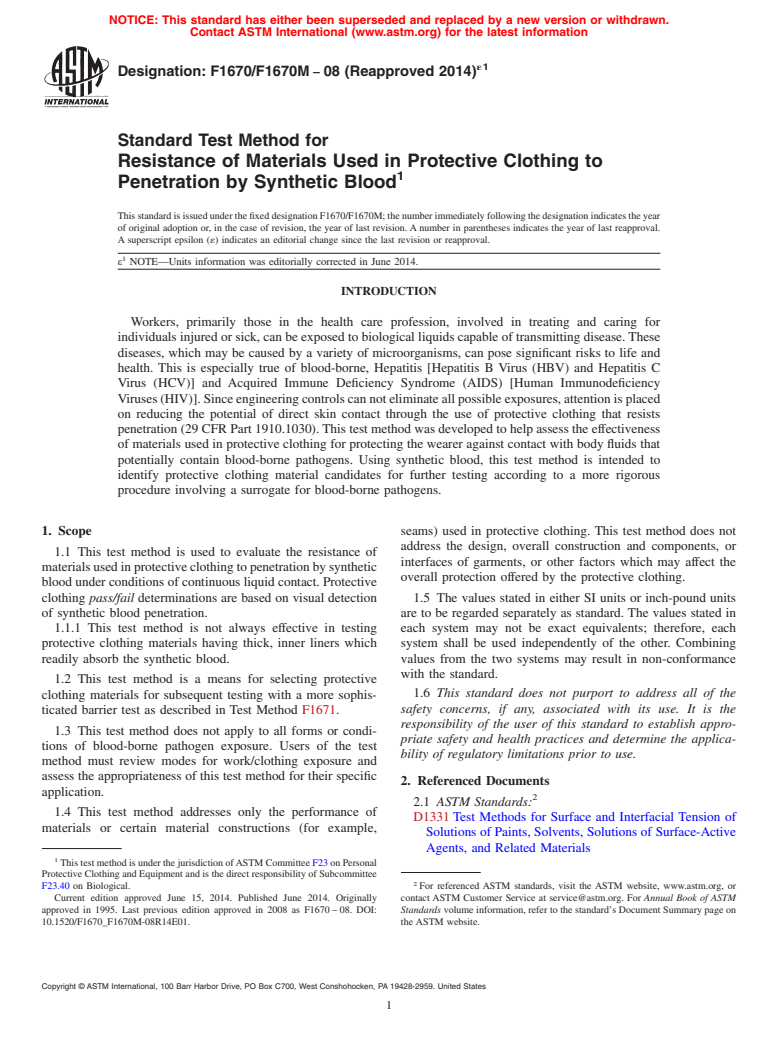 ASTM F1670/F1670M-08(2014)e1 - Standard Test Method for Resistance of Materials Used in Protective Clothing to Penetration by Synthetic Blood