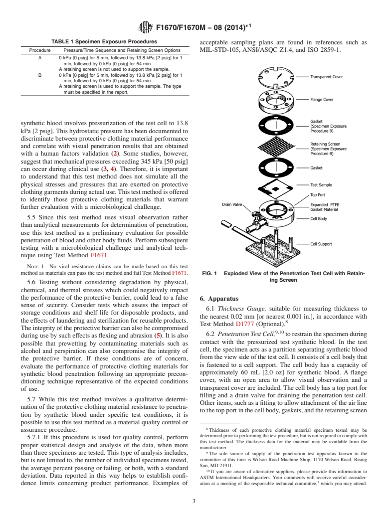 ASTM F1670/F1670M-08(2014)e1 - Standard Test Method for Resistance of Materials Used in Protective Clothing to Penetration by Synthetic Blood