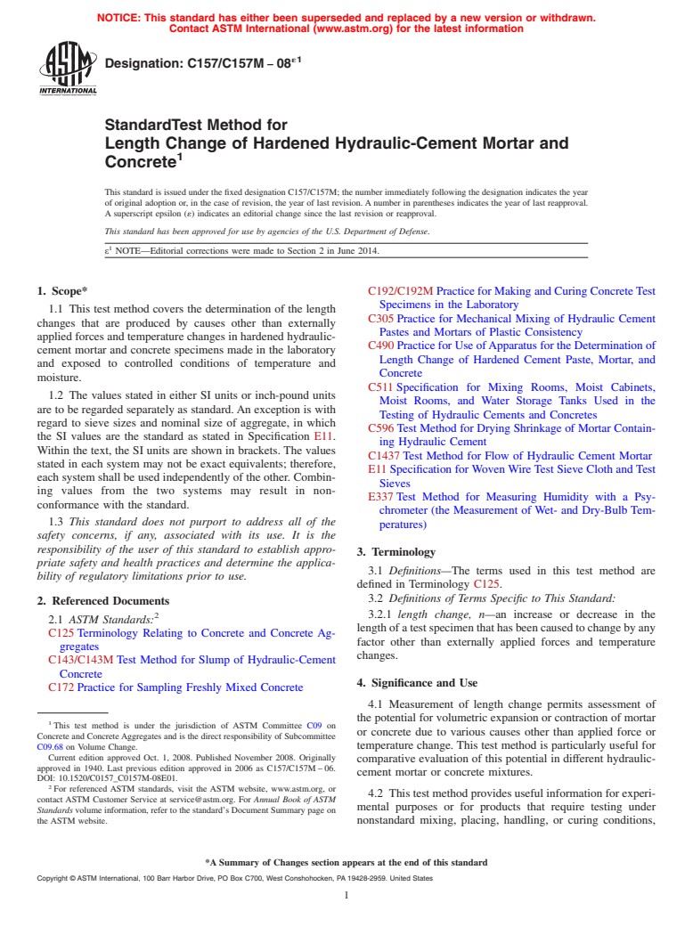 ASTM C157/C157M-08e1 - Standard Test Method for  Length Change of Hardened Hydraulic-Cement Mortar and Concrete