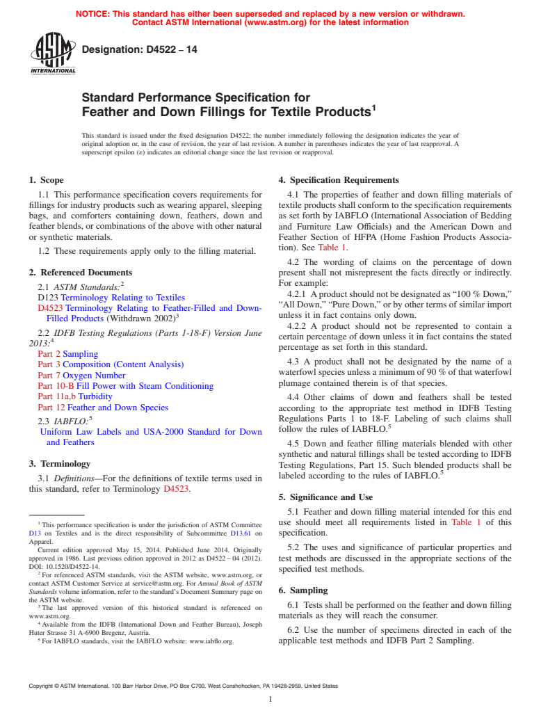 ASTM D4522-14 - Standard Performance Specification for  Feather and Down Fillings for Textile Products (Withdrawn 2023)