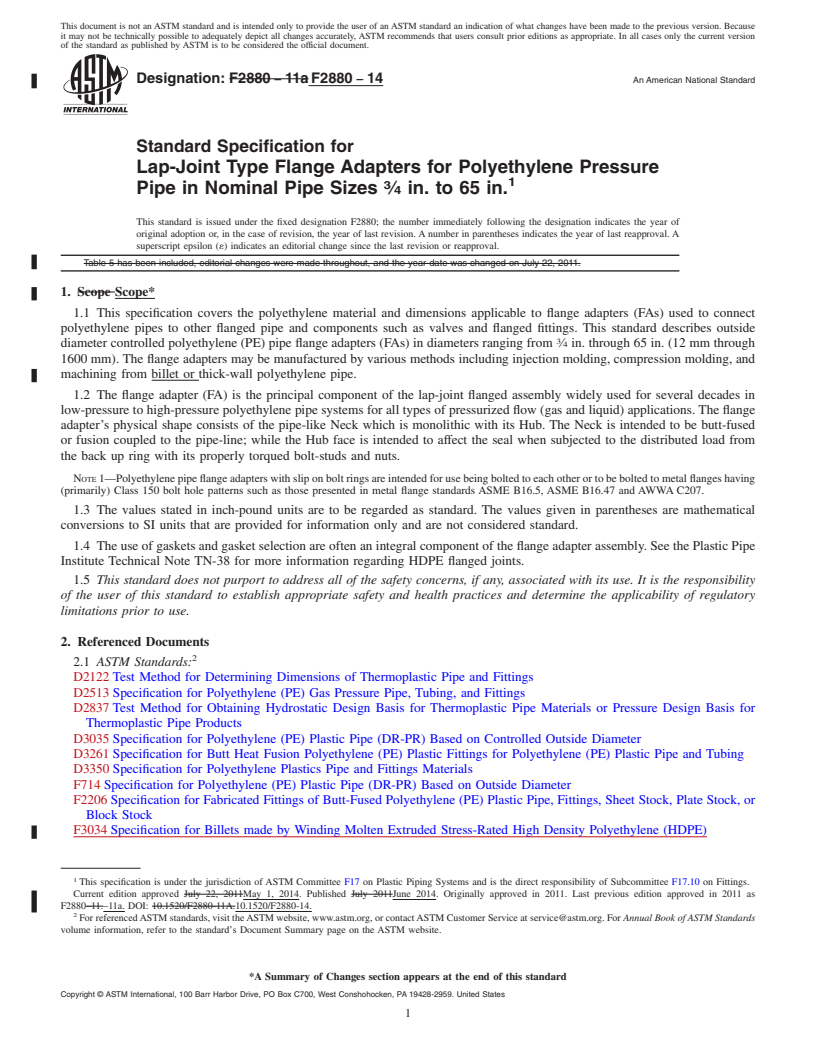 REDLINE ASTM F2880-14 - Standard Specification for  Lap-Joint Type Flange Adapters for Polyethylene Pressure Pipe  in Nominal Pipe Sizes <fraction><num>3/4</den></fraction  > in. to 65 in.