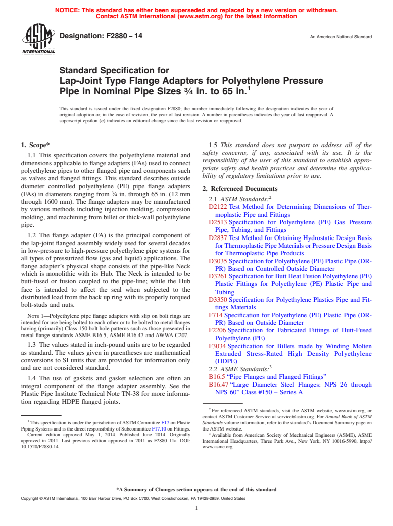 ASTM F2880-14 - Standard Specification for  Lap-Joint Type Flange Adapters for Polyethylene Pressure Pipe  in Nominal Pipe Sizes <fraction><num>3/4</den></fraction  > in. to 65 in.