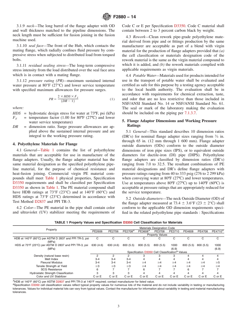 ASTM F2880-14 - Standard Specification for  Lap-Joint Type Flange Adapters for Polyethylene Pressure Pipe  in Nominal Pipe Sizes <fraction><num>3/4</den></fraction  > in. to 65 in.