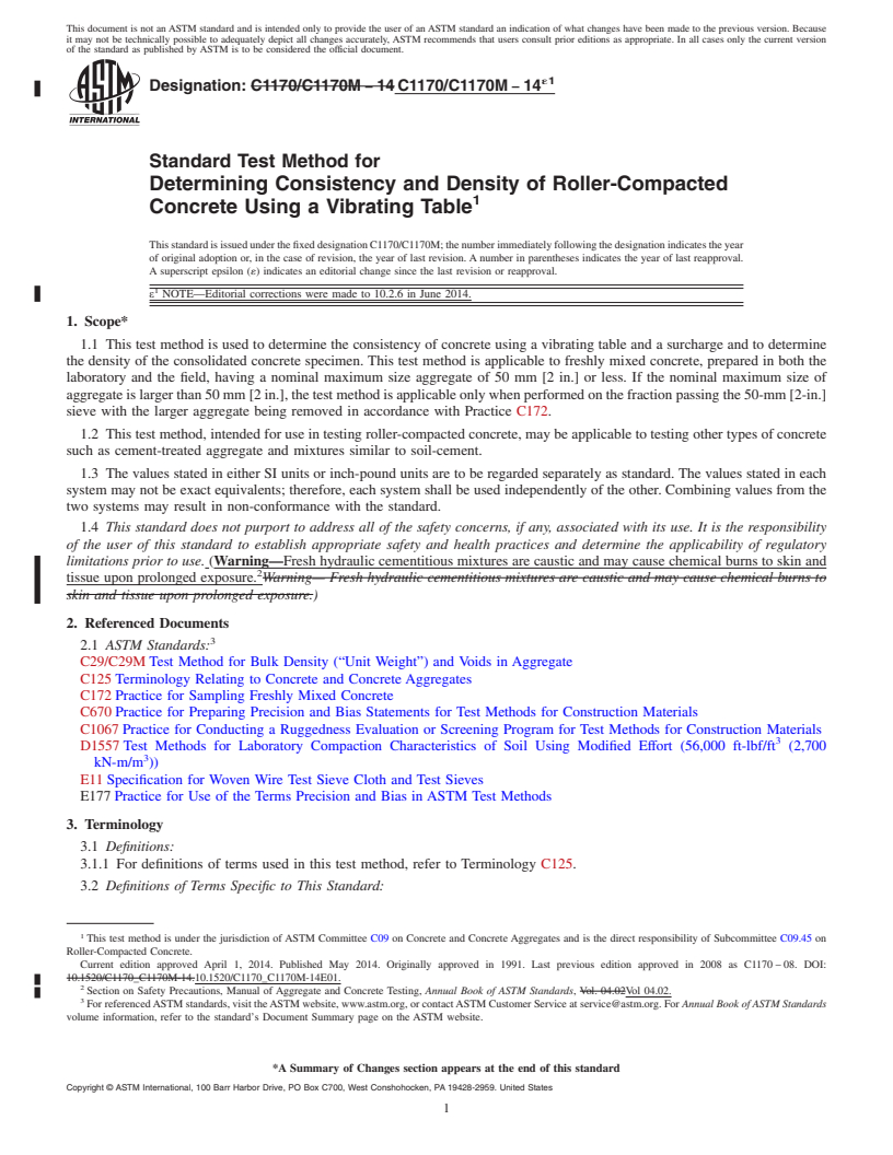 REDLINE ASTM C1170/C1170M-14e1 - Standard Test Method for  Determining Consistency and Density of Roller-Compacted Concrete  Using a Vibrating Table