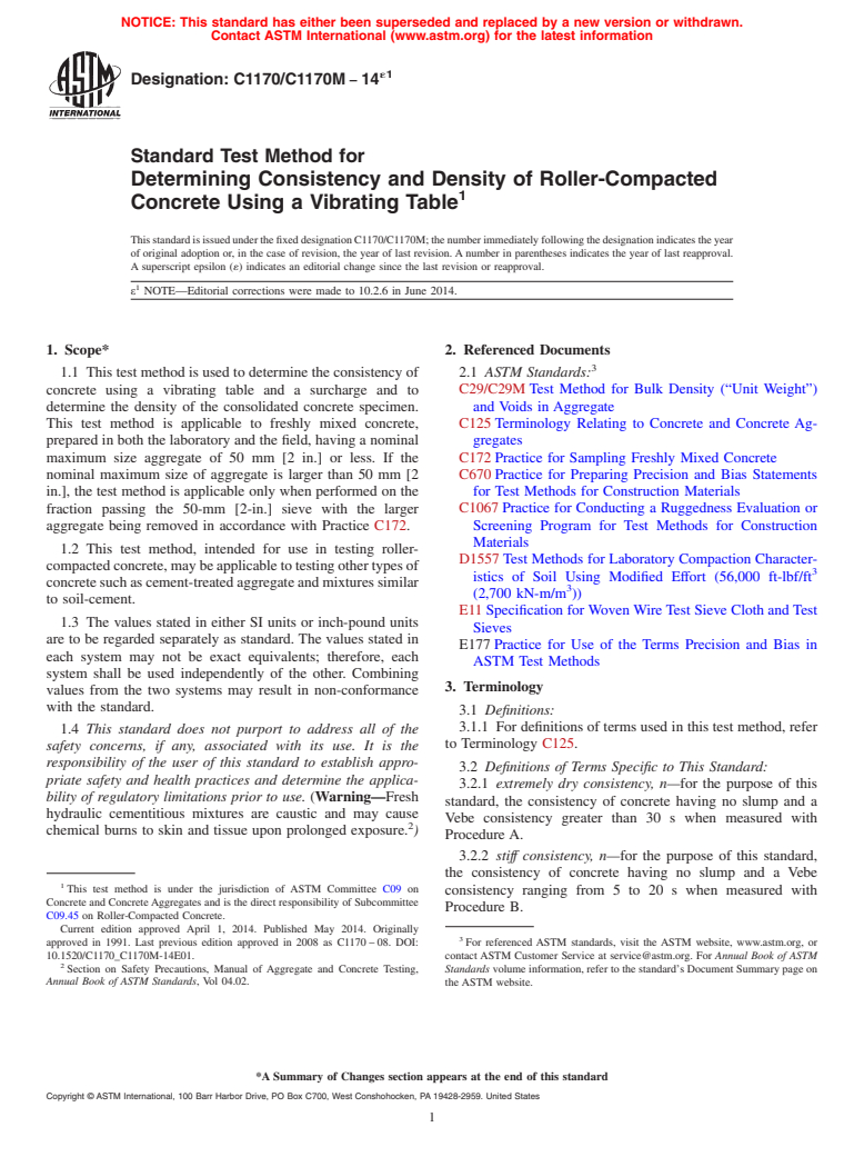 ASTM C1170/C1170M-14e1 - Standard Test Method for  Determining Consistency and Density of Roller-Compacted Concrete  Using a Vibrating Table