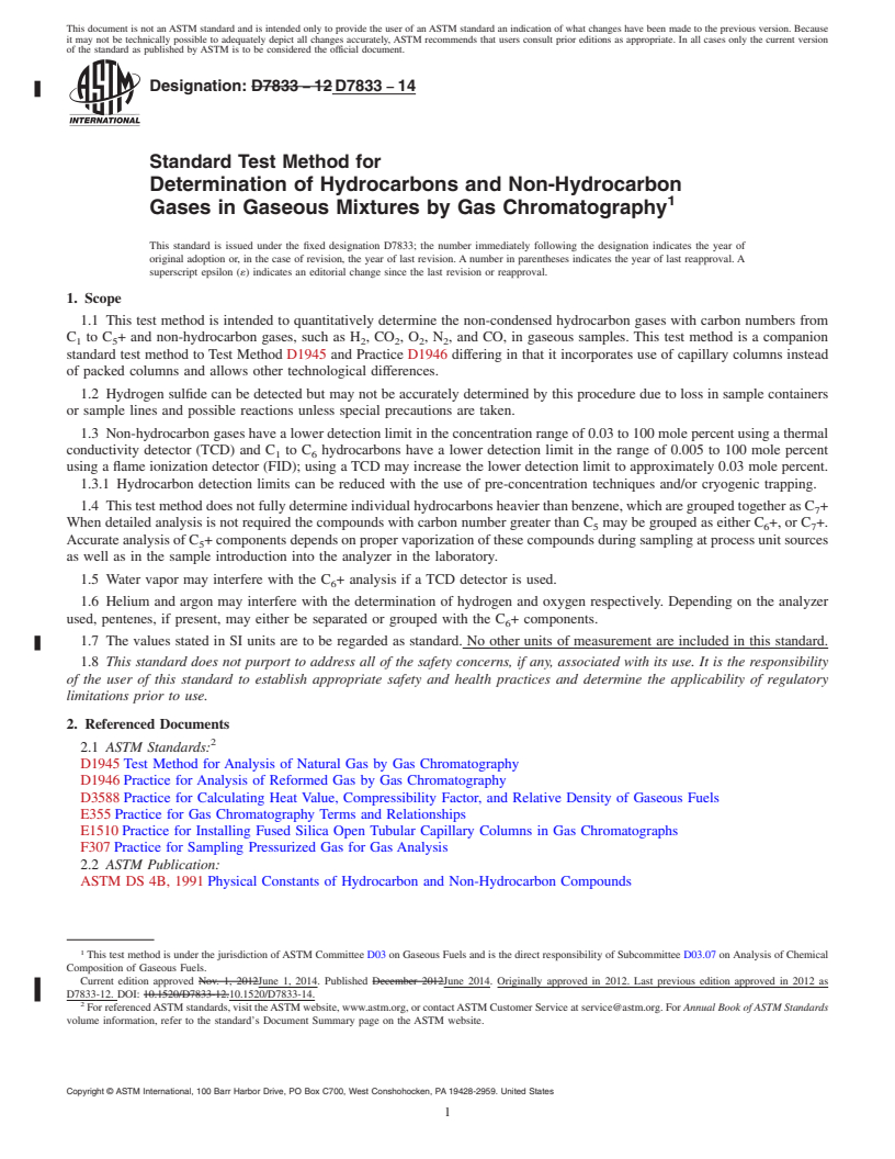 REDLINE ASTM D7833-14 - Standard Test Method for Determination of Hydrocarbons and Non-Hydrocarbon Gases in  Gaseous Mixtures by Gas Chromatography