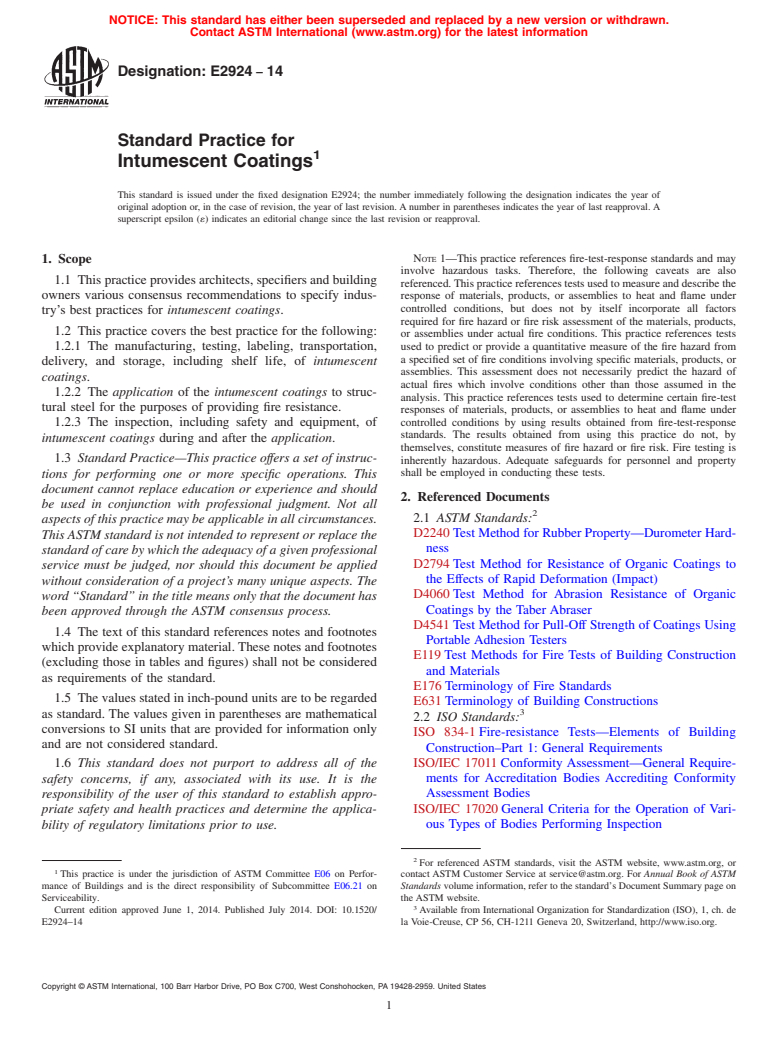 ASTM E2924-14 - Standard Practice for Intumescent Coatings