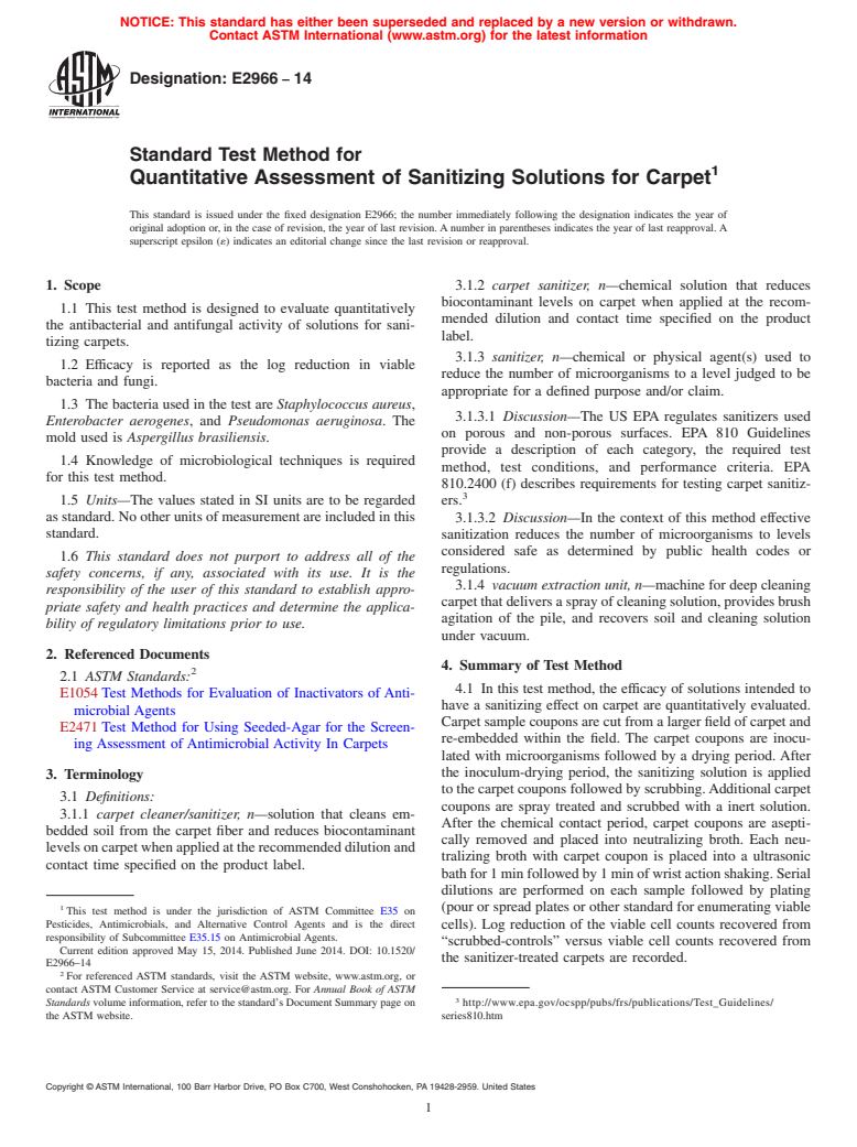 ASTM E2966-14 - Standard Test Method for Quantitative Assessment of Sanitizing Solutions for Carpet