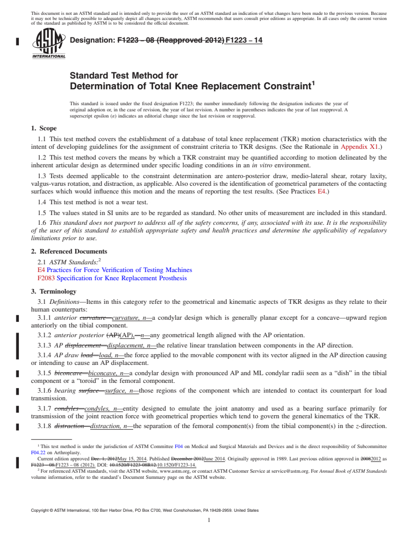 REDLINE ASTM F1223-14 - Standard Test Method for Determination of Total Knee Replacement Constraint