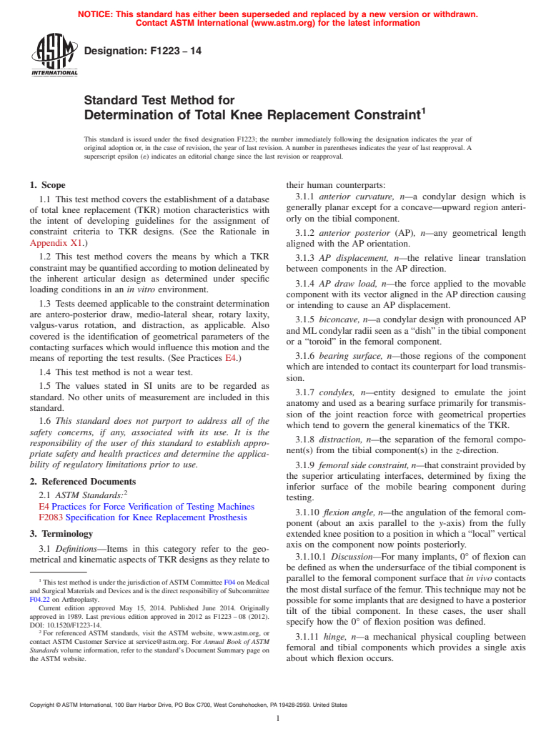 ASTM F1223-14 - Standard Test Method for Determination of Total Knee Replacement Constraint