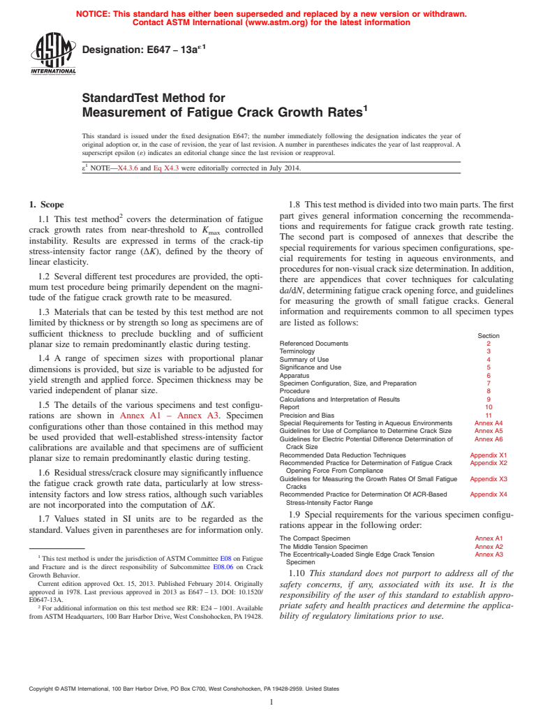 ASTM E647-13ae1 - Standard Test Method for  Measurement of Fatigue Crack Growth Rates