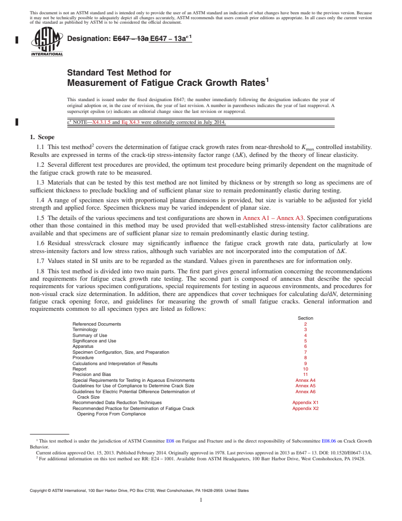 REDLINE ASTM E647-13ae1 - Standard Test Method for  Measurement of Fatigue Crack Growth Rates