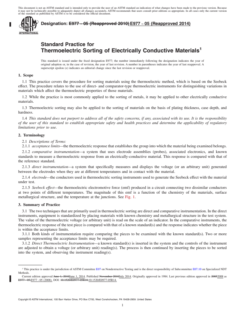 REDLINE ASTM E977-05(2014) - Standard Practice for  Thermoelectric Sorting of Electrically Conductive Materials