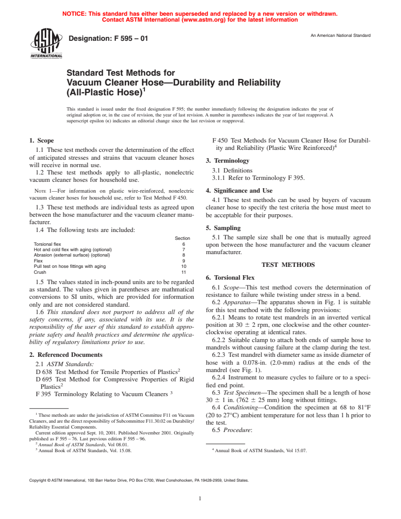 ASTM F595-01 - Standard Test Methods for Vacuum Cleaner Hose&#8212;Durability and Reliability (All-Plastic Hose)