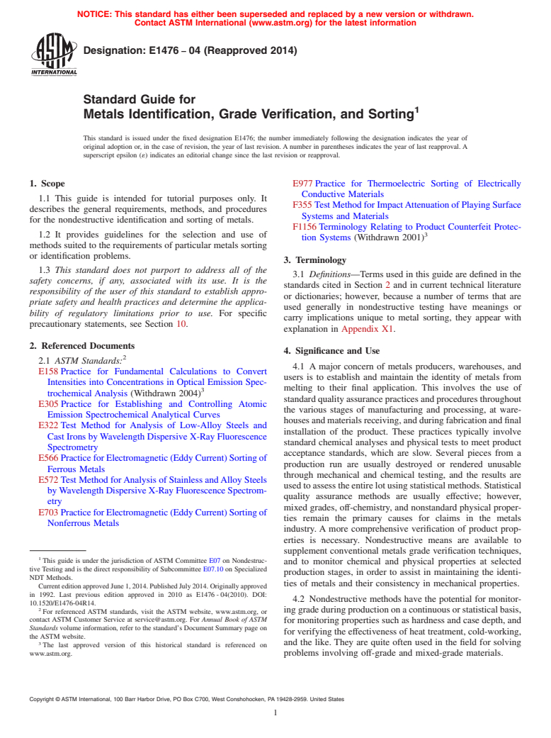 ASTM E1476-04(2014) - Standard Guide for  Metals Identification, Grade Verification, and Sorting