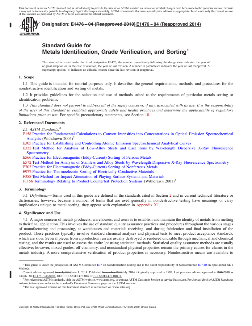 REDLINE ASTM E1476-04(2014) - Standard Guide for  Metals Identification, Grade Verification, and Sorting