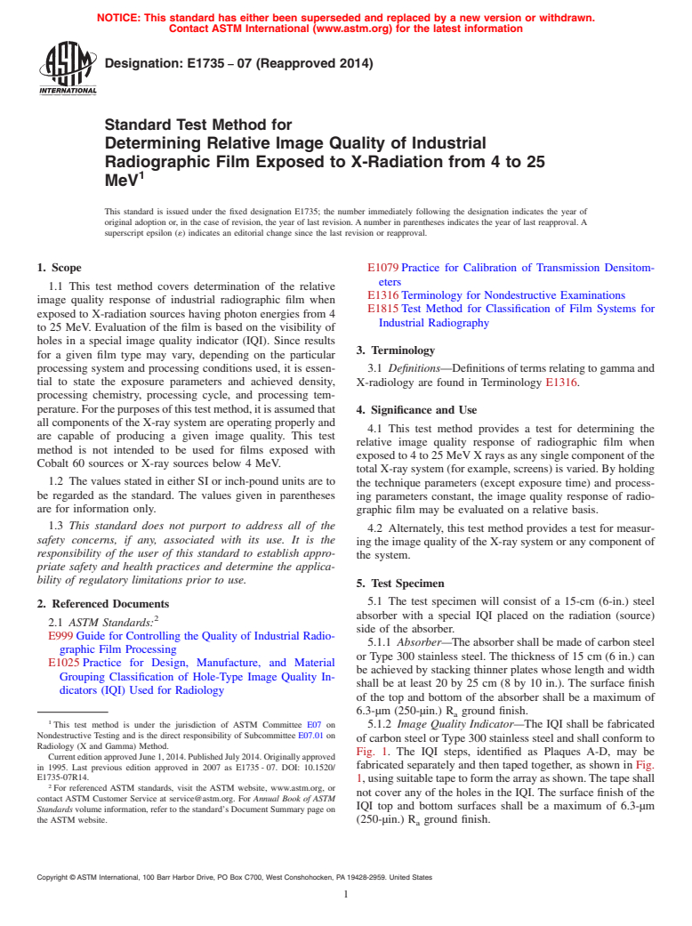 ASTM E1735-07(2014) - Standard Test Method for  Determining Relative Image Quality of Industrial Radiographic  Film Exposed to X-Radiation from 4 to 25 MeV