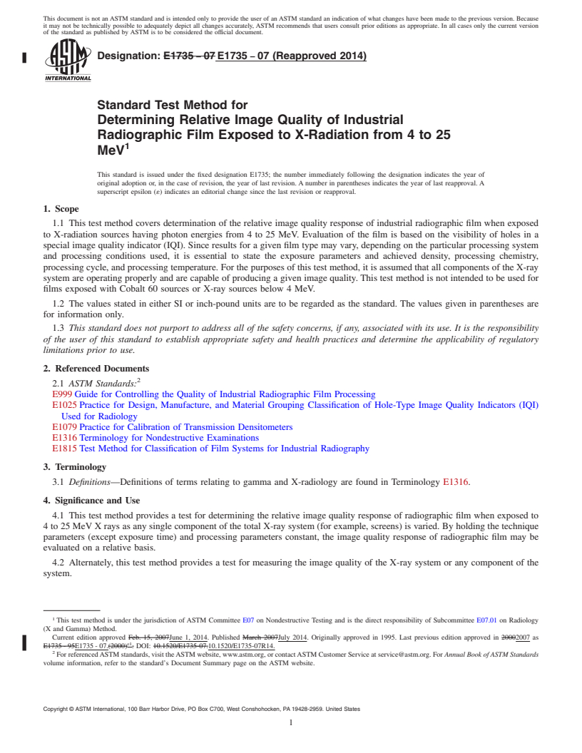 REDLINE ASTM E1735-07(2014) - Standard Test Method for  Determining Relative Image Quality of Industrial Radiographic  Film Exposed to X-Radiation from 4 to 25 MeV