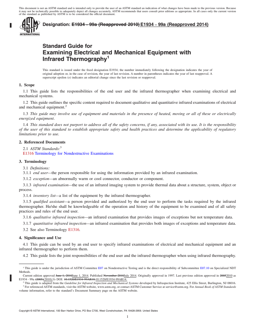 REDLINE ASTM E1934-99a(2014) - Standard Guide for  Examining Electrical and Mechanical Equipment with Infrared  Thermography