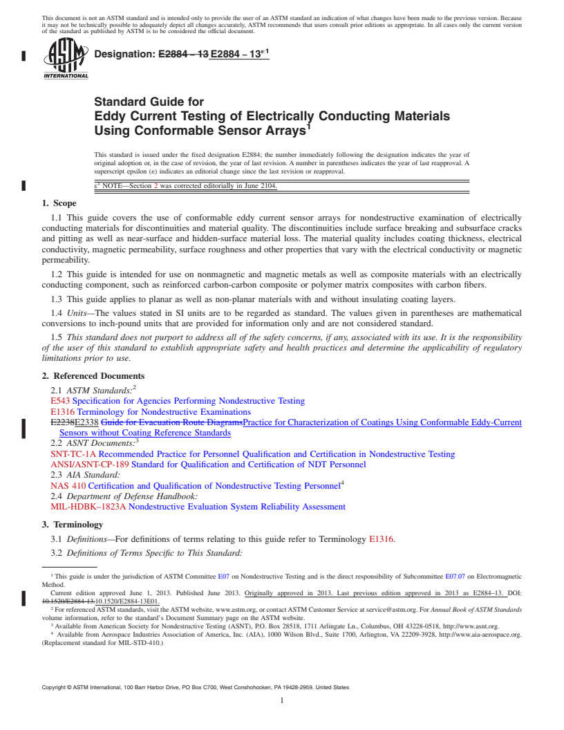 REDLINE ASTM E2884-13e1 - Standard Guide for  Eddy Current Testing of Electrically Conducting Materials Using  Conformable Sensor Arrays
