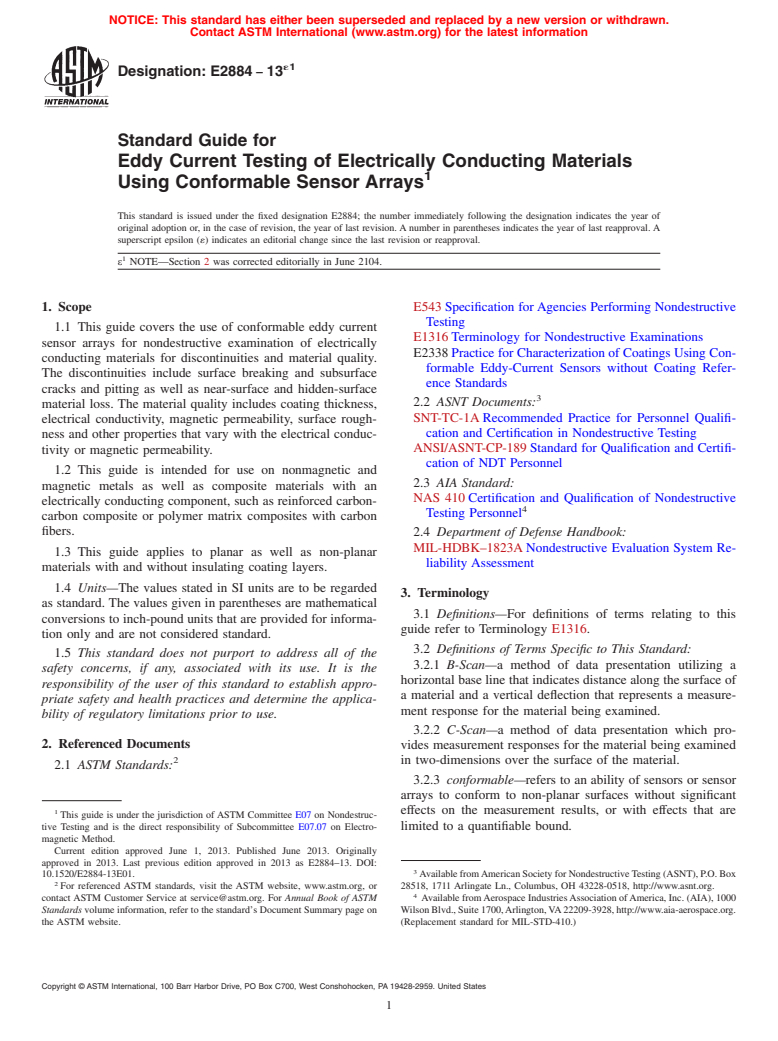 ASTM E2884-13e1 - Standard Guide for  Eddy Current Testing of Electrically Conducting Materials Using  Conformable Sensor Arrays