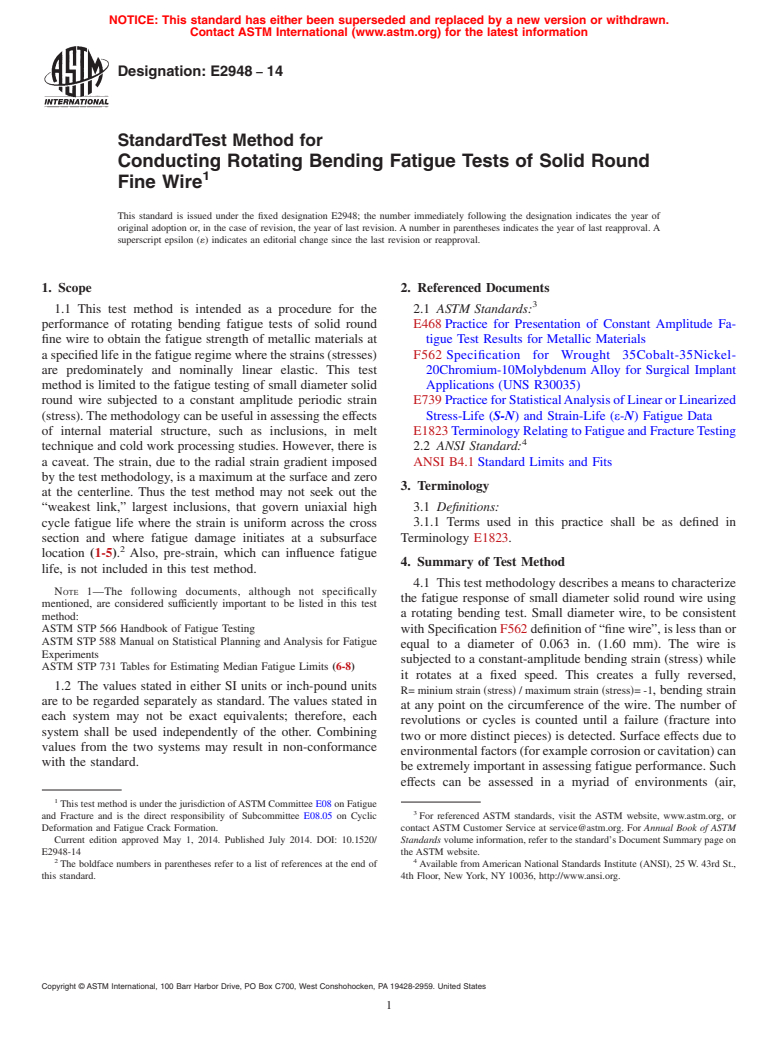 ASTM E2948-14 - Standard Test Method for Conducting Rotating Bending Fatigue Tests of Solid Round Fine  Wire