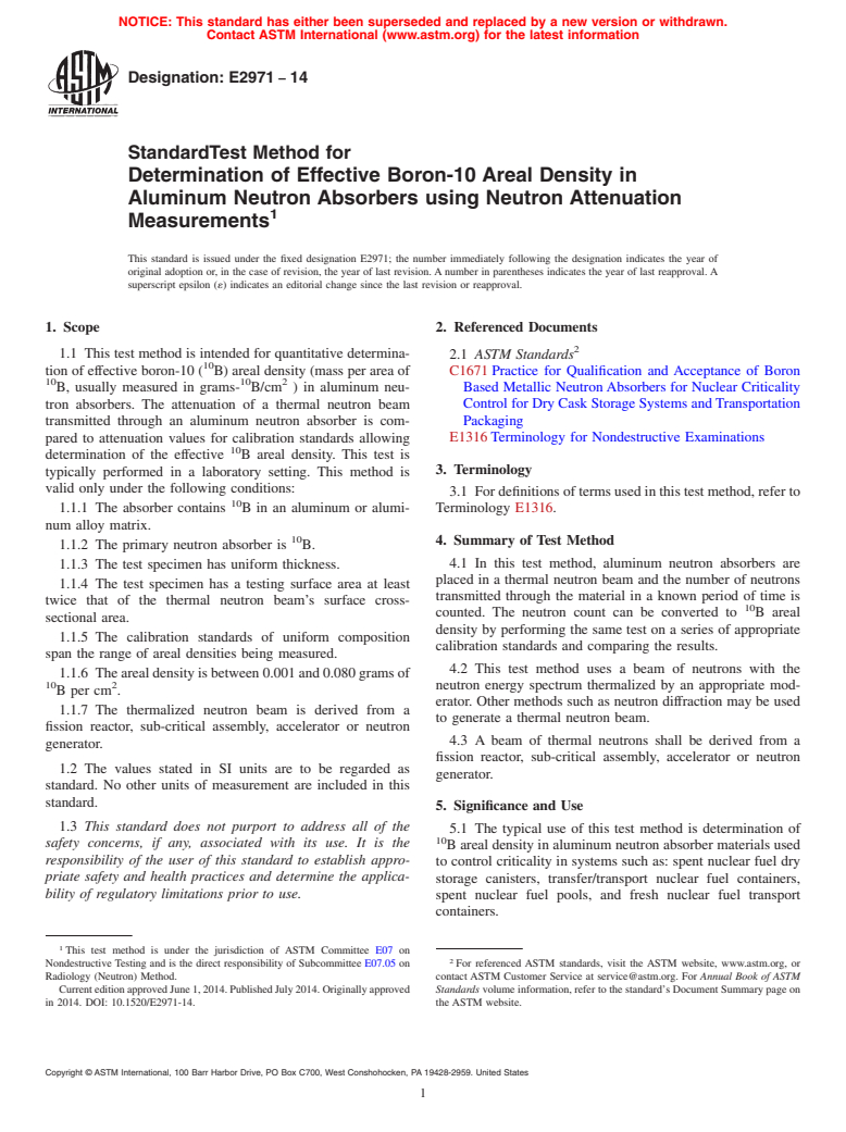 ASTM E2971-14 - Standard Test Method for Determination of Effective Boron-10 Areal Density in Aluminum  Neutron Absorbers using Neutron Attenuation Measurements