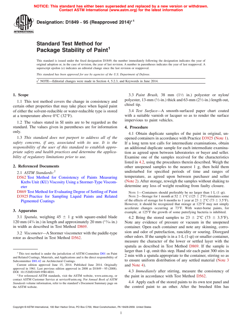 ASTM D1849-95(2014)e1 - Standard Test Method for  Package Stability of Paint