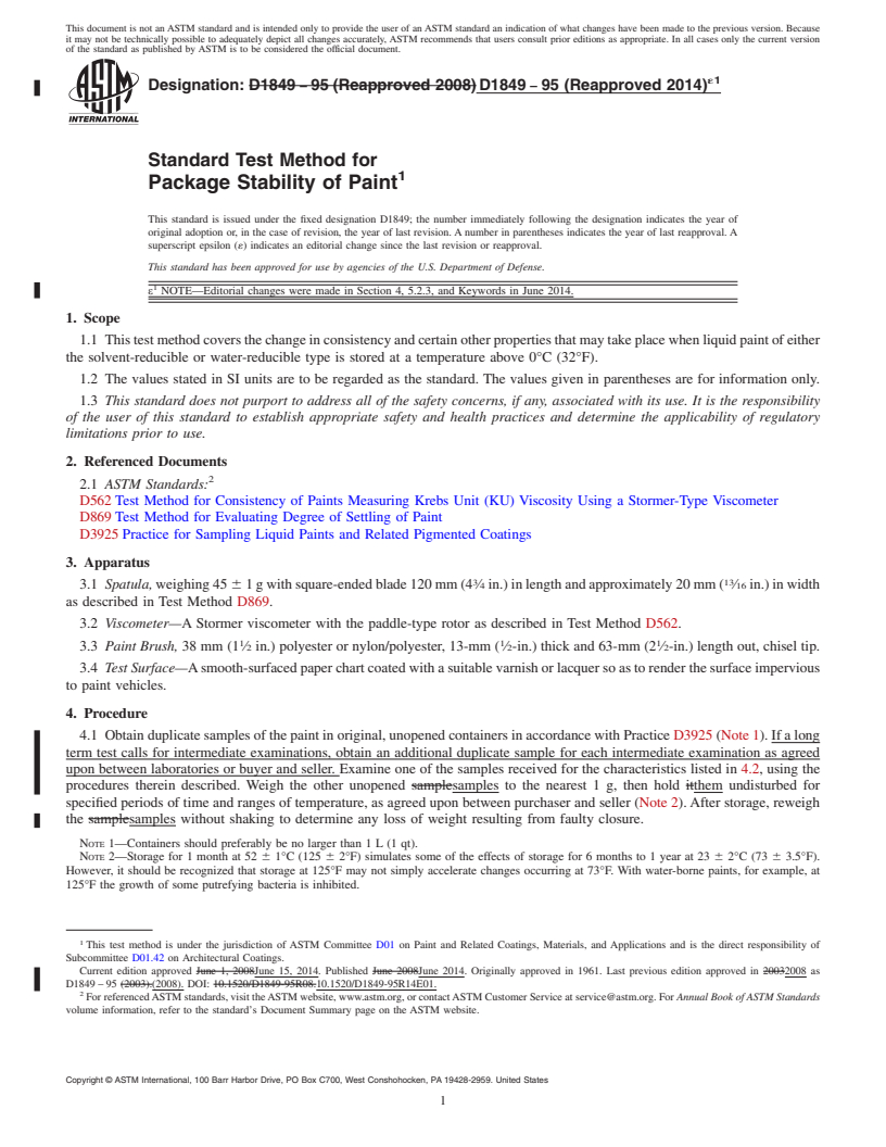 REDLINE ASTM D1849-95(2014)e1 - Standard Test Method for  Package Stability of Paint